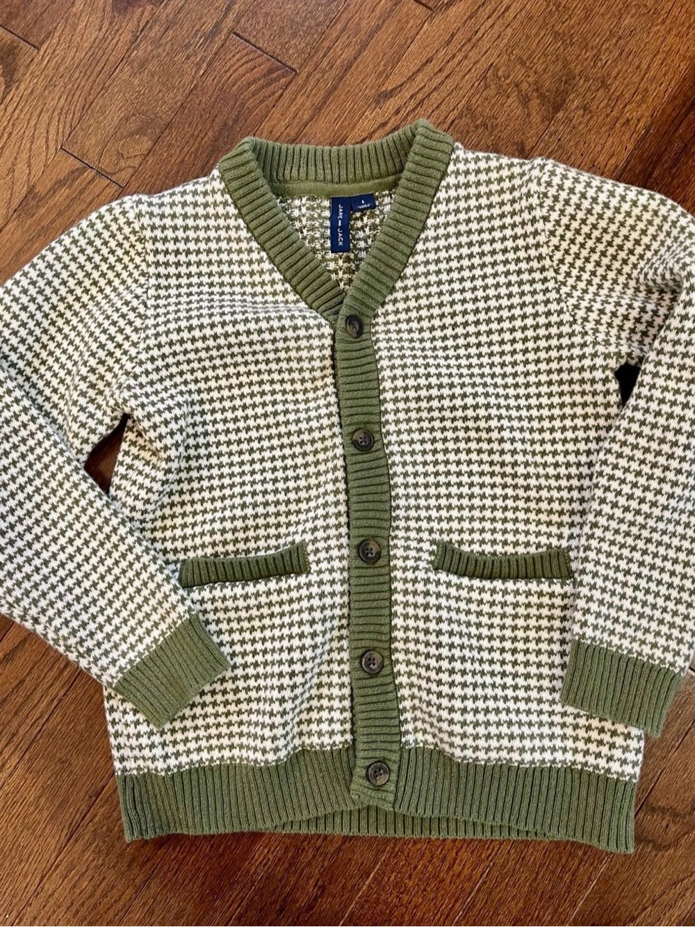 Janie and Jack Olive and Cream Houndstooth Cardigan Sweater